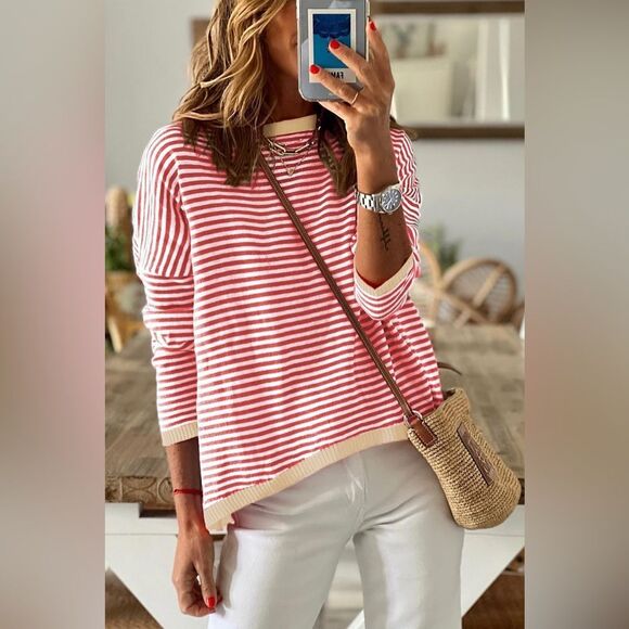 Cream, Coral Red & White Striped Round Neck Drop Shoulder T-Shirt​ - Picture 2 of 3